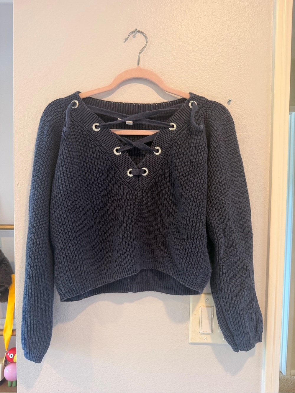 Cropped Lace-Up Turtleneck Sweater in Navy